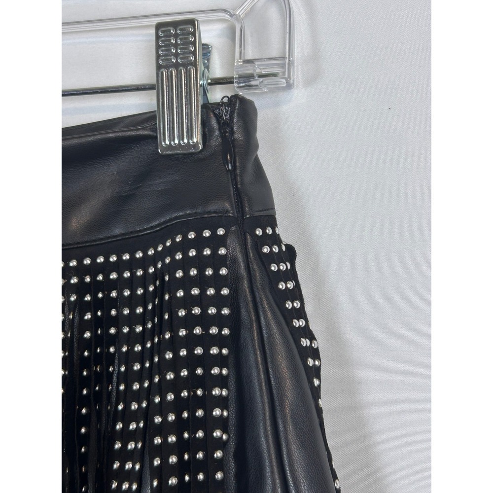 Faux Leather Studded Fringe Mini Skirt Black Western Rocker Festival Skirt - Picture 5 of 12